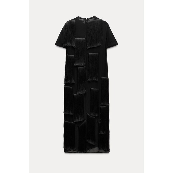 Zara Women ZW Collection Fringed Midi Dress Black Size Large 6895/262 - Picture 1 of 16